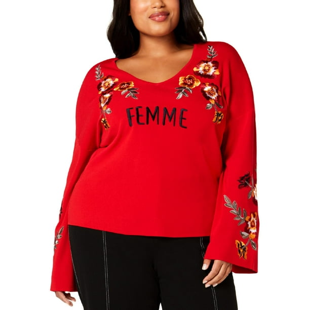 INC Women/'s Plus Femme Floral Embroidered Bell-Sleeve Sweater Red Size 3X 1652